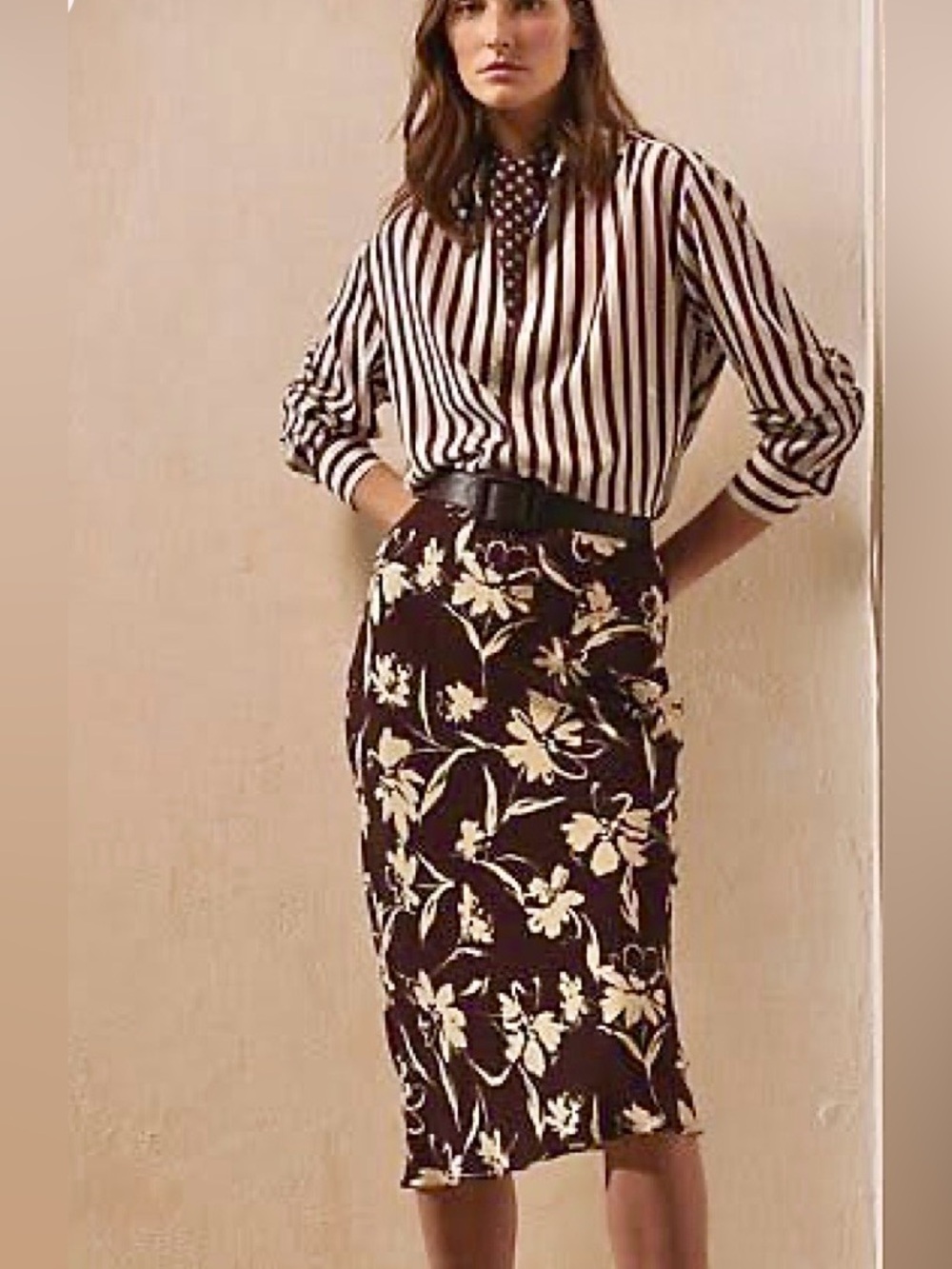 Ralph Lauren Kaela Floral Cady Mulberry Silk Skirt Women 10 Chocolate Brown